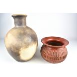 DIANE GRAVEL; a smoke fired bottle and stoneware bowl with carved pattern, incised signatures,