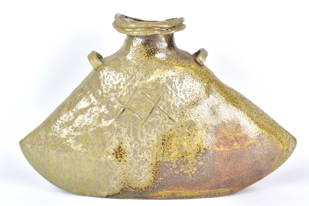 CLAYTON AMEMIYA; a large lugged wood fired stoneware bottle, incised CA mark and dated 1992,