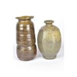 CLAYTON AMEMIYA; a cut sided wood fired stoneware bottle and a vase, incised CA mark to bottle,