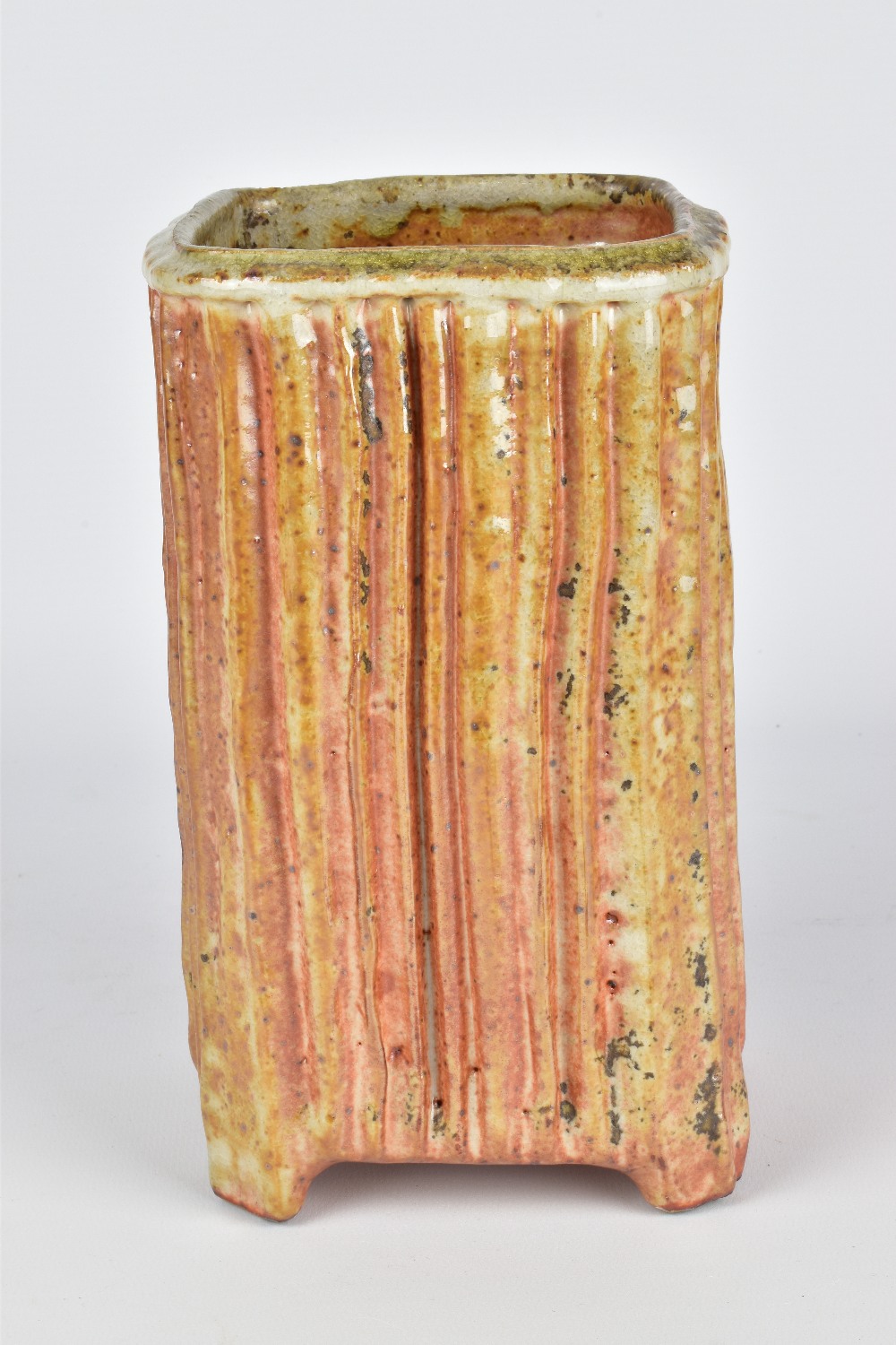 DAN ANDERSON (born 1945); a square fluted stoneware footed vase covered in shino glaze, impressed DA - Image 2 of 7