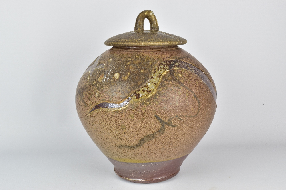 WALLY BIVINS; a large wood fired stoneware jar and cover with carved decorative sweeps, incised - Image 3 of 7