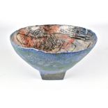 ANN CHRISTENSON; a footed stoneware bowl with incised decoration and painting of a bottle to the