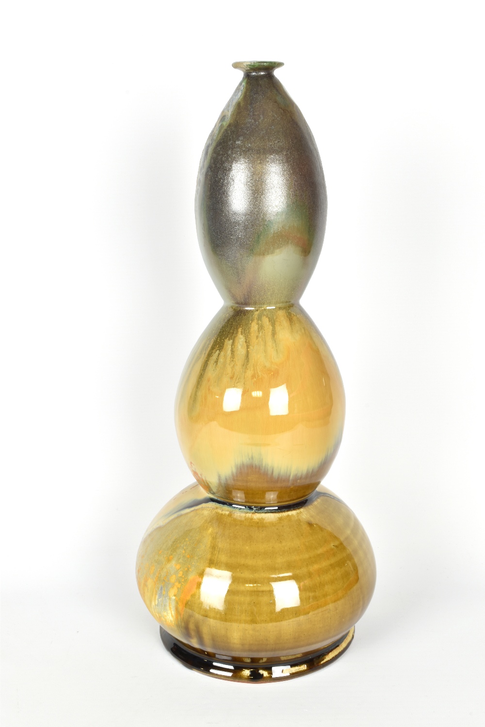 JEFF BROWN: a wood fired stoneware stacked bottle covered in streaky glaze, height 46cm. Brown is