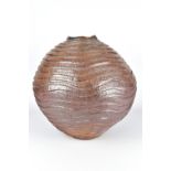 CLAYTON AMEMIYA; a large wood fired stoneware moon jar with deeply carved surface, incised CA