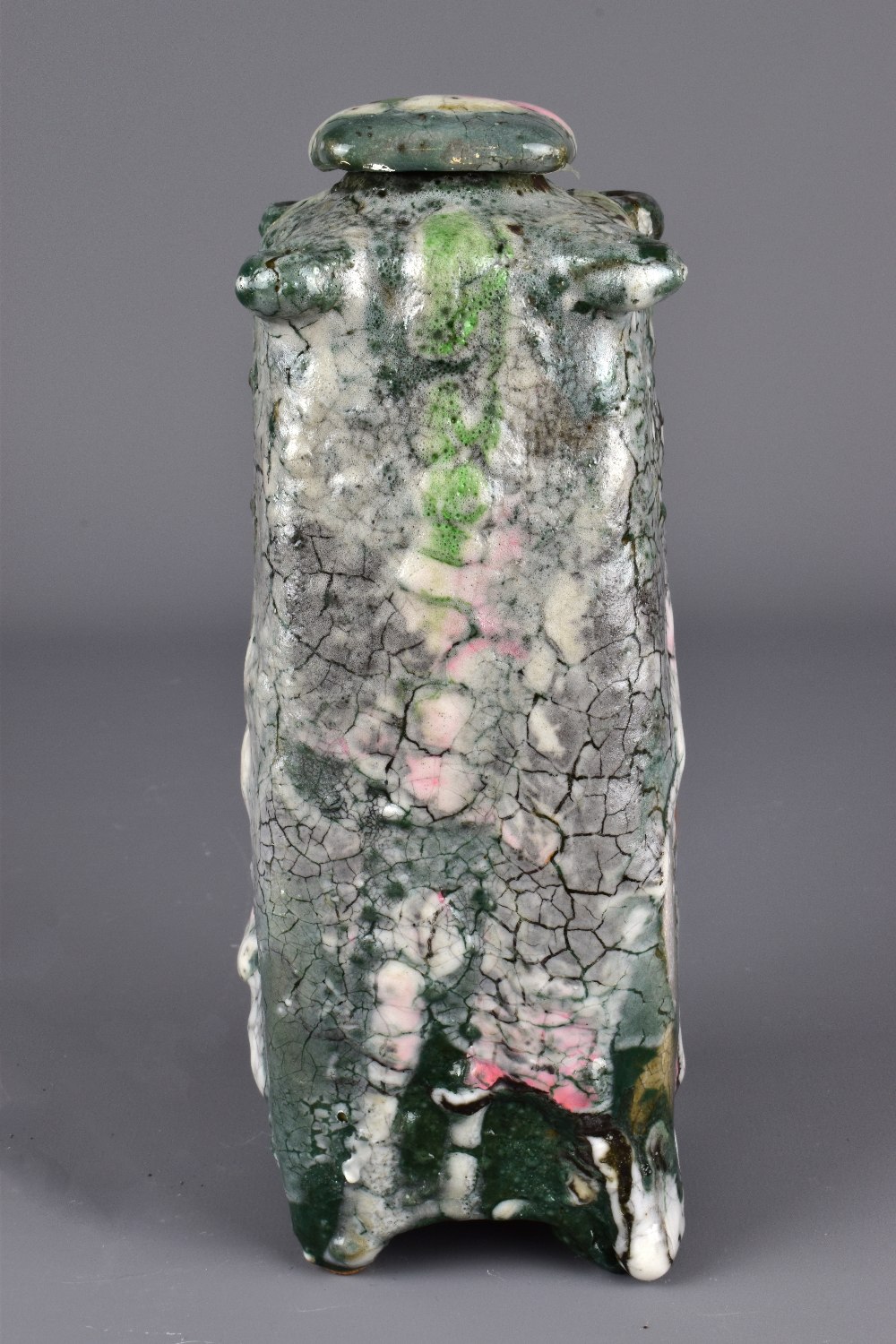 STEPHEN FREEDMAN; a lugged square stoneware jar and cover with abstract decoration, height 23cm.
