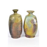 CLAYTON AMEMIYA; a square fluted wood fired stoneware bottle and another square bottle, incised CA