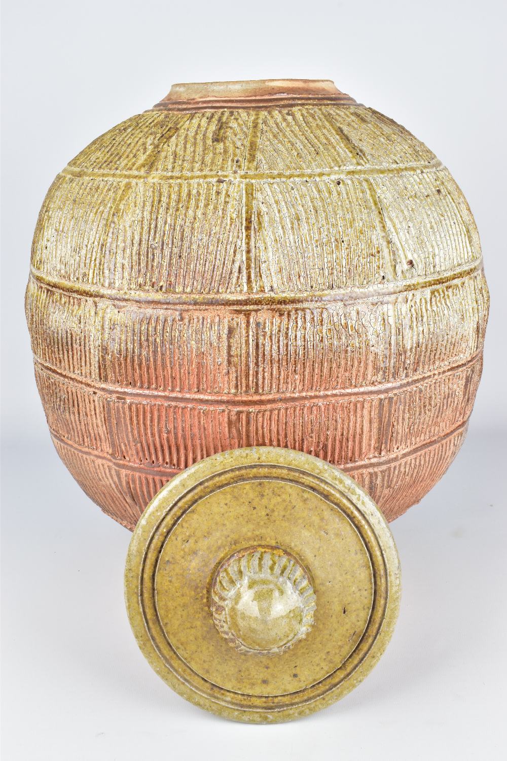 JIM BRASHEAR; a large wood fired stoneware jar and cover with incised and ribbed surface, incised - Image 5 of 7