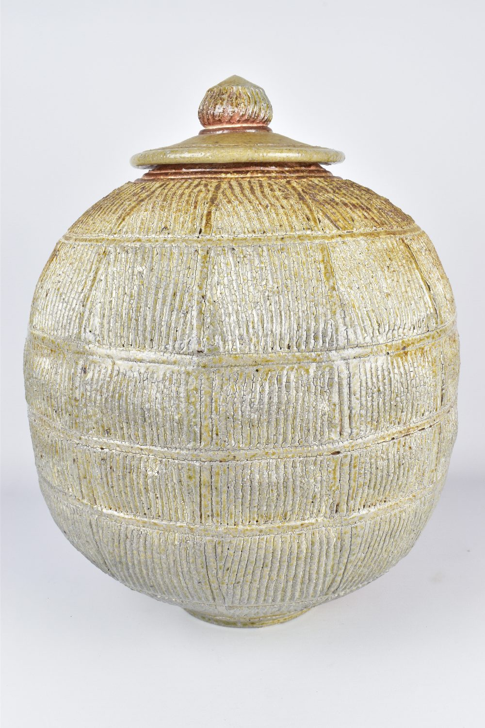 JIM BRASHEAR; a large wood fired stoneware jar and cover with incised and ribbed surface, incised - Image 2 of 7