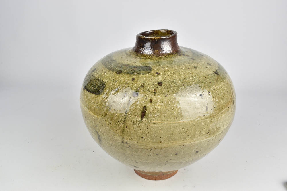 DAVID WRIGHT (born 1947); a squat wood fired stoneware vase covered in ash glaze with brush - Image 3 of 7
