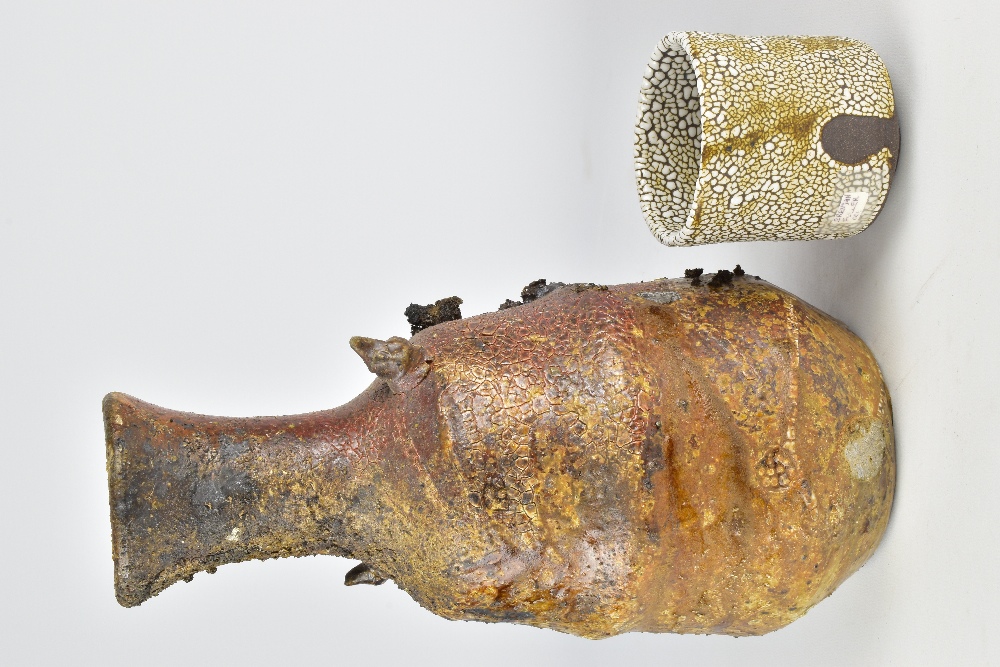 BRENDAN FULLER; a lugged wood fired stoneware bottle with heavily textured surface and a cup, - Image 3 of 9