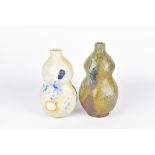 CLAYTON AMEMIYA; two gourd shaped faceted wood fired stoneware bottles, incised CA marks, tallest