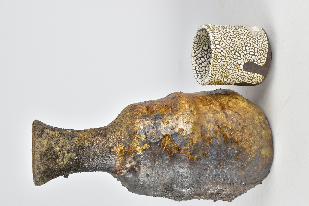 BRENDAN FULLER; a lugged wood fired stoneware bottle with heavily textured surface and a cup, - Image 2 of 9