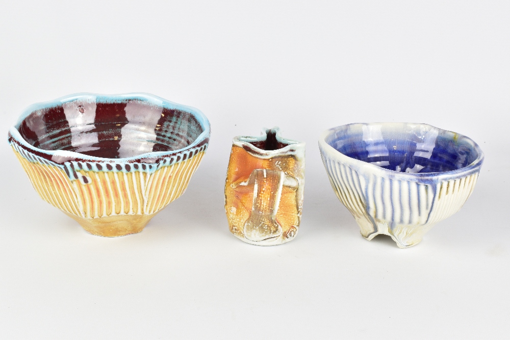 CHRIS BASKIN; two cut sided fluted soda fired porcelain bowls and a small jug, impressed CB marks, - Image 3 of 8