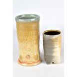 RICHARD BURKETT; a cylindrical wood fired stoneware vase with textured surface and concentric ring