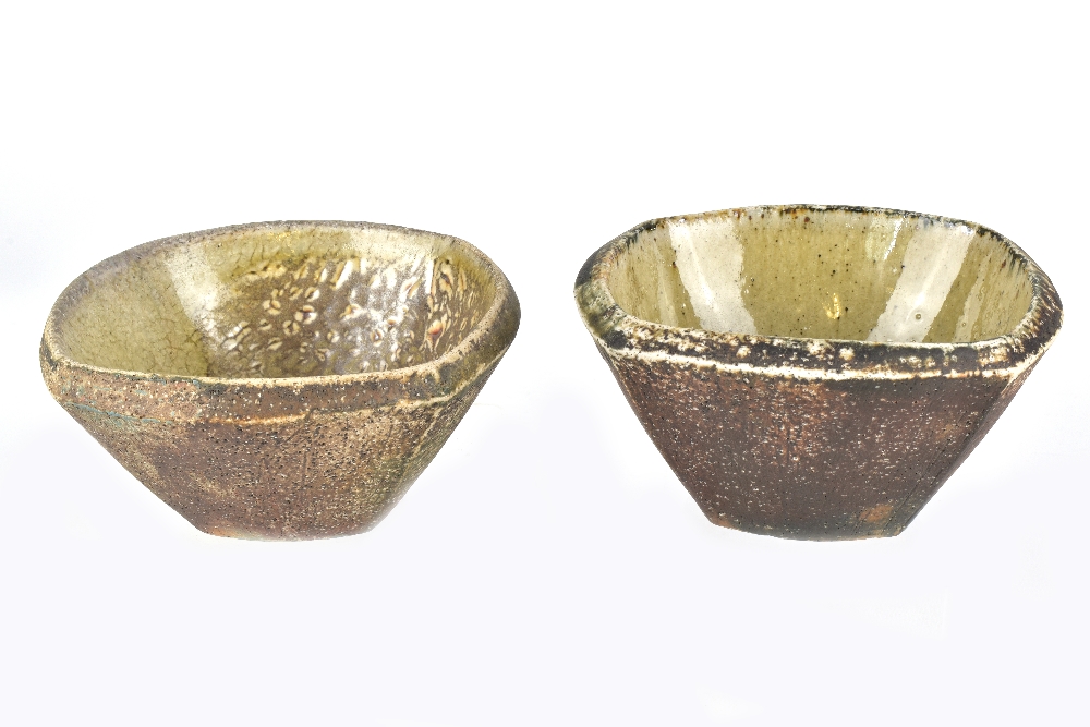 MIKE GESIAKOWSKI; a pair of square wood fired stoneware bowls, impressed MG marks, diameter 12cm (