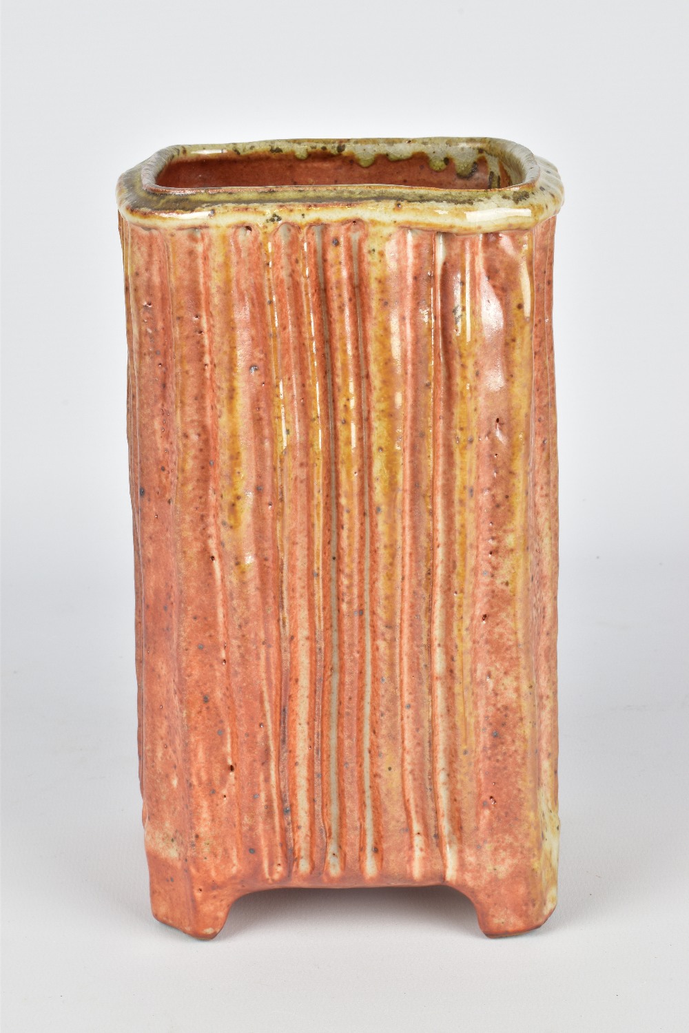 DAN ANDERSON (born 1945); a square fluted stoneware footed vase covered in shino glaze, impressed DA - Image 4 of 7