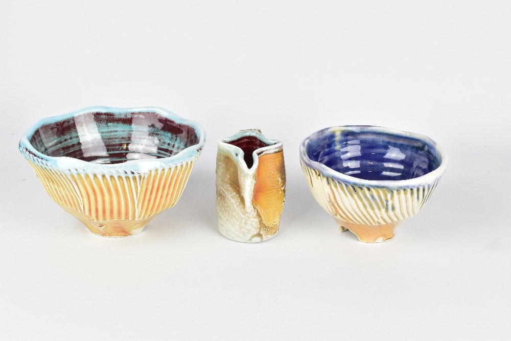 CHRIS BASKIN; two cut sided fluted soda fired porcelain bowls and a small jug, impressed CB marks, - Image 5 of 8