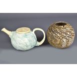 ALAIN FICHOT (born 1952); a porcelain teapot with textured surface and a globular stoneware vase,