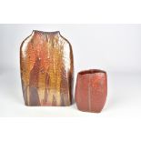 DAVID WRIGHT (born 1947); a tapered wood fired stoneware bottle with a squeezed rim and a smaller