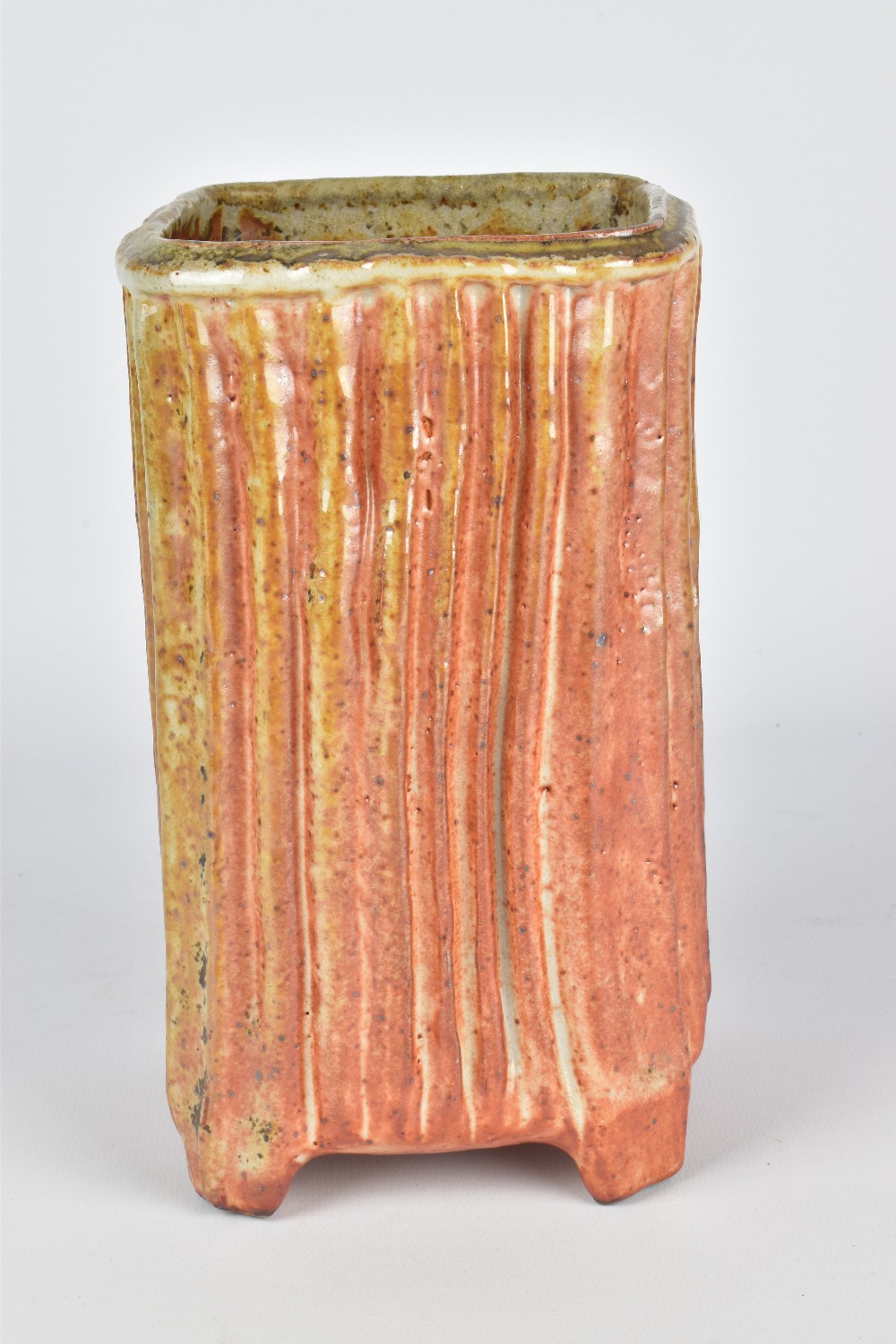DAN ANDERSON (born 1945); a square fluted stoneware footed vase covered in shino glaze, impressed DA - Image 3 of 7
