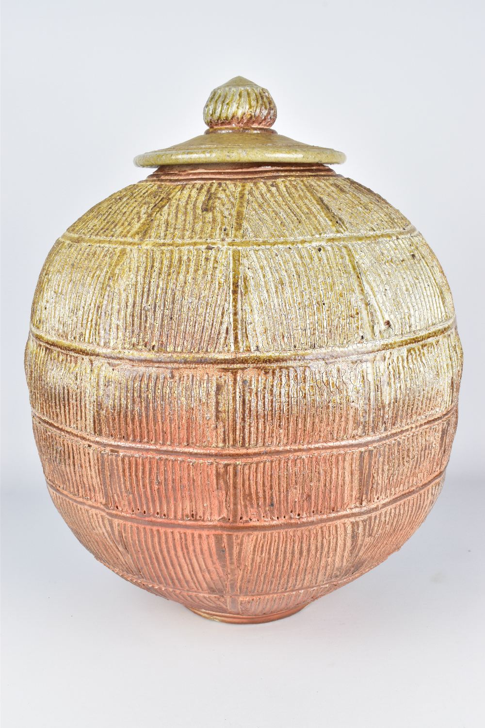 JIM BRASHEAR; a large wood fired stoneware jar and cover with incised and ribbed surface, incised - Image 4 of 7