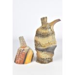 CARRIE DOMAN; a stoneware spouted bottle with heavily textured surface and a smaller bottle, incised