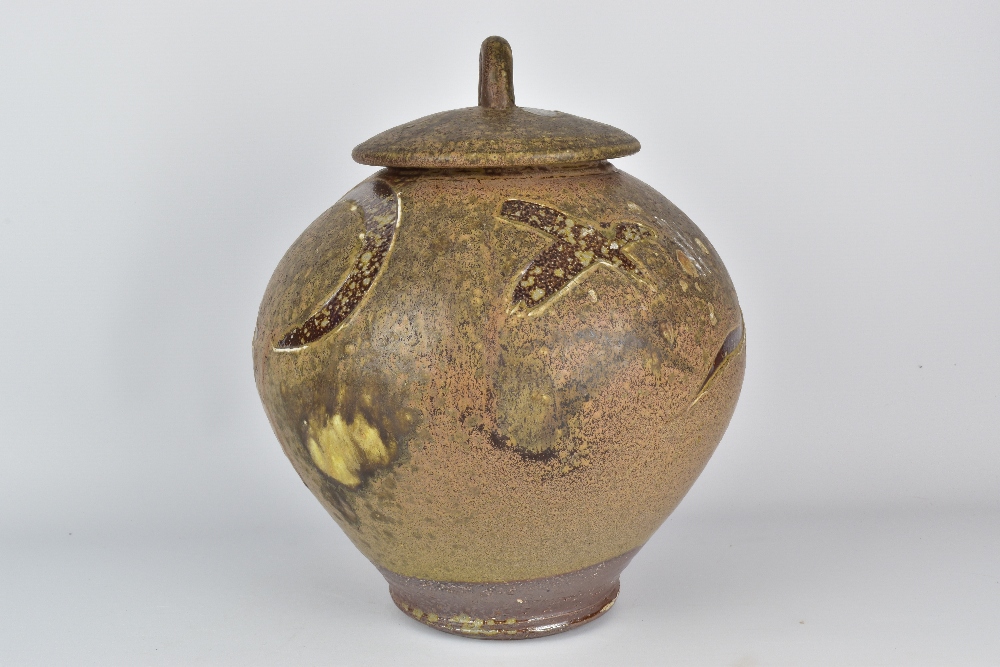 WALLY BIVINS; a large wood fired stoneware jar and cover with carved decorative sweeps, incised - Image 2 of 7