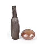 CLAYTON AMEMIYA; a cut sided wood fired stoneware bottle and a faceted box and cover, incised CA