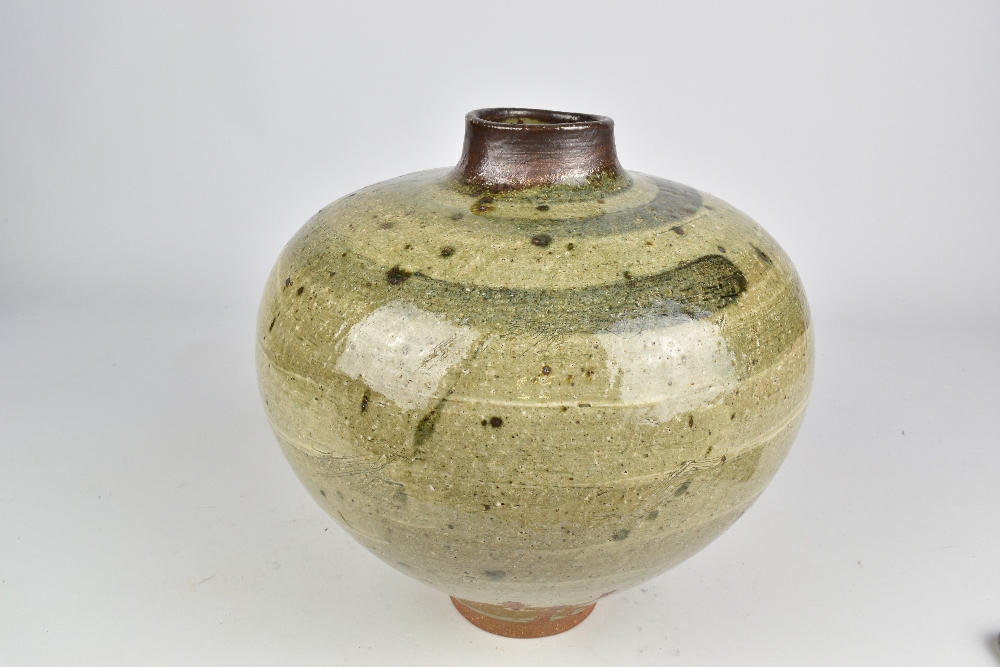DAVID WRIGHT (born 1947); a squat wood fired stoneware vase covered in ash glaze with brush - Image 4 of 7