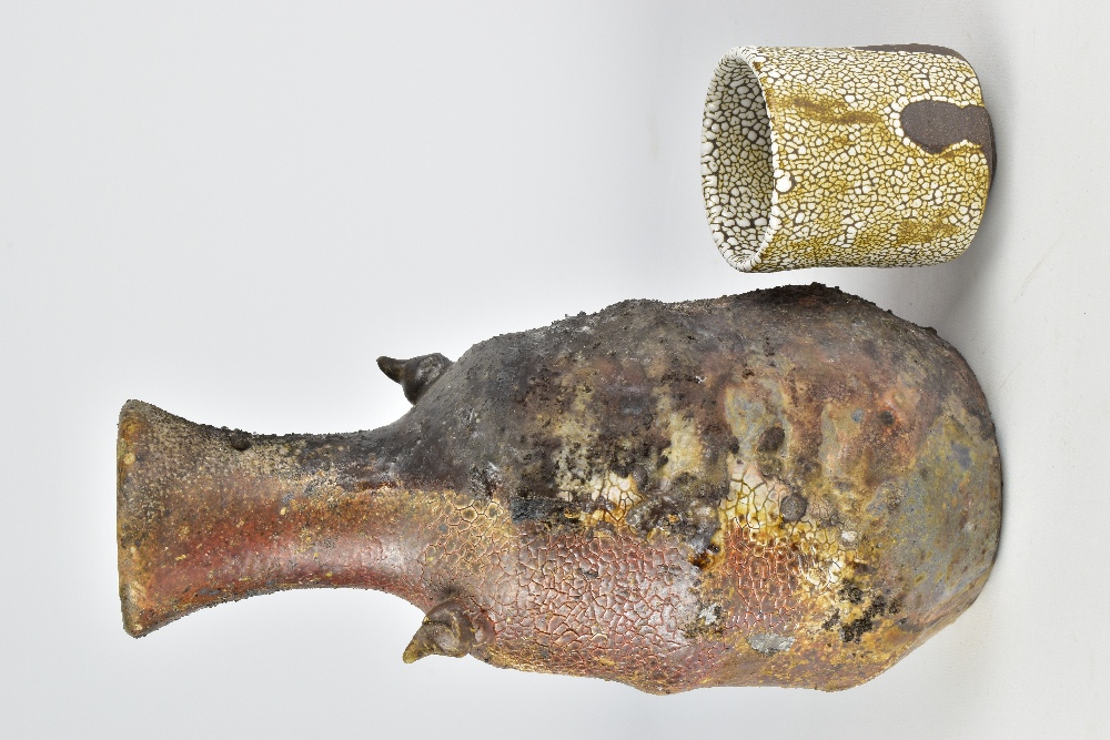 BRENDAN FULLER; a lugged wood fired stoneware bottle with heavily textured surface and a cup, - Image 4 of 9