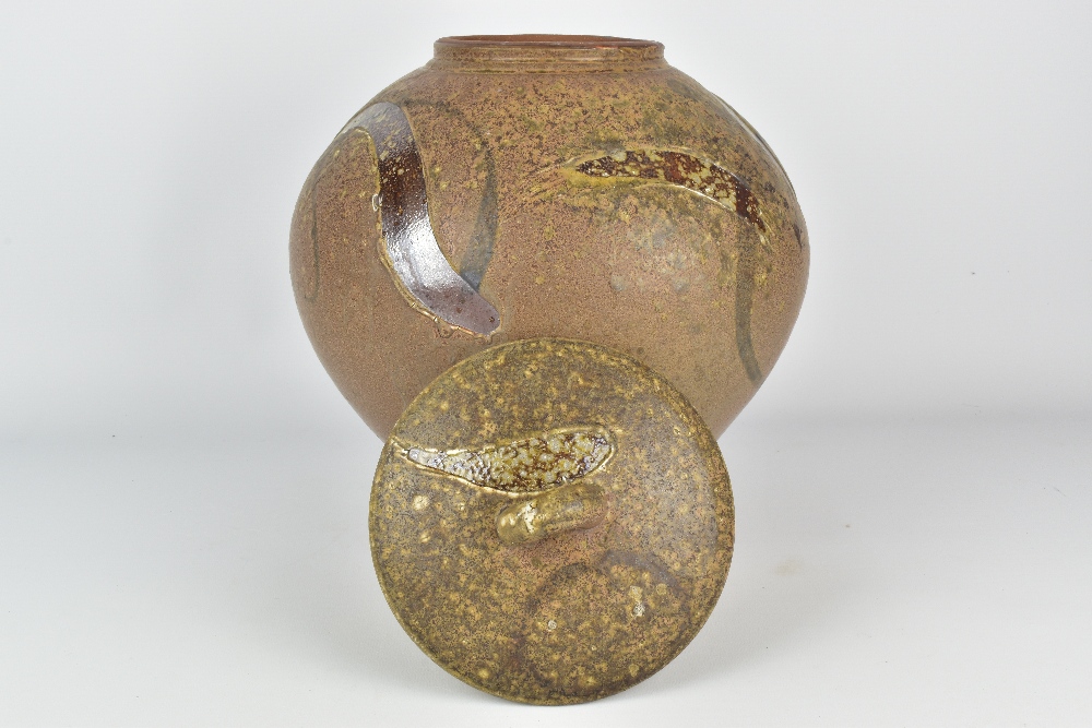 WALLY BIVINS; a large wood fired stoneware jar and cover with carved decorative sweeps, incised - Image 5 of 7