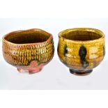 GUILLERMO CUELLAR (born 1951); a stoneware yunomi with incised pattern and a yunomi with crackle