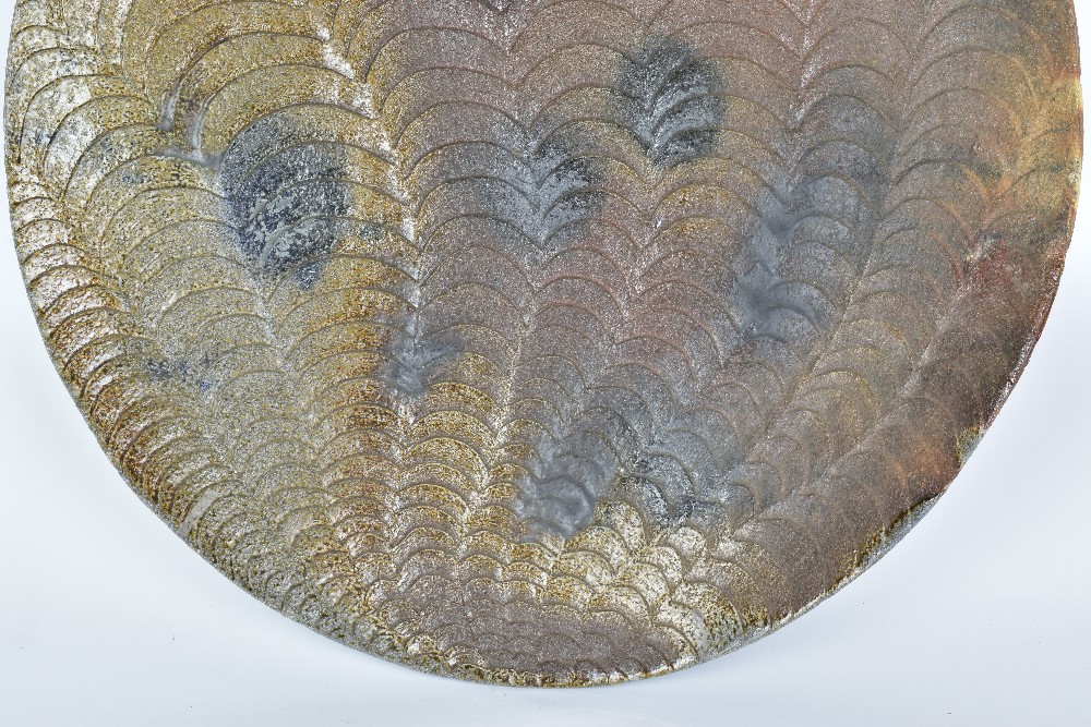 CLAYTON AMEMIYA; a large wood fired stoneware platter with fish scale pattern, incised signature, CA - Image 4 of 6