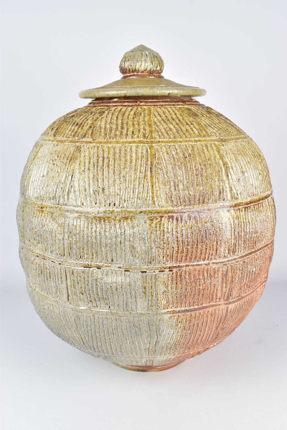 JIM BRASHEAR; a large wood fired stoneware jar and cover with incised and ribbed surface, incised - Image 3 of 7