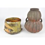 RICHARD BRANDT; a wood fired stoneware 'Gold Bowl' and gourd shaped fluted lugged vase, impressed