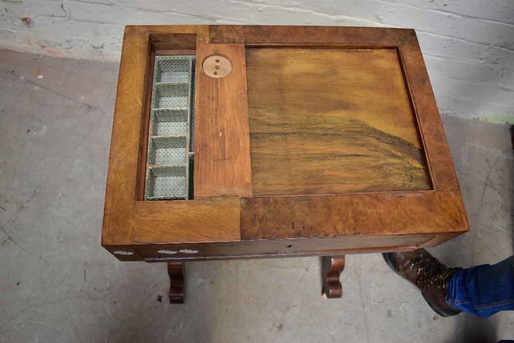 A Victorian burr walnut veneered fold-over games/sewing table, the hinged lid enclosing inlaid chess - Image 2 of 2