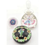 OLD ENGLISH; a millefiori glass paperweight inkwell, with clear glass stopper, height 12cm, together