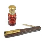 A Victorian rosewood handled quill cutter in carved and leather sheaf and a small ruby flash