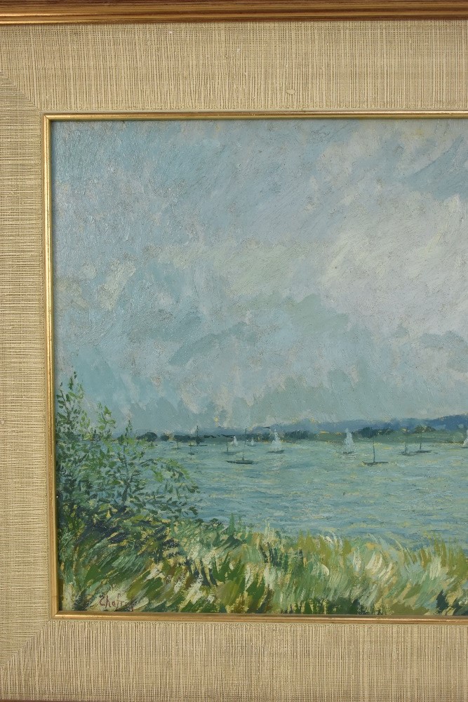 PAUL CHAFRET; oil on board, 'Regatta Argenteuil 1938', signed and inscribed verso, 38 x 63cm, - Image 3 of 7