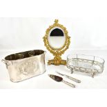 A modern silver plated two sectioned wine or champagne cooler, a brass table top mirror with