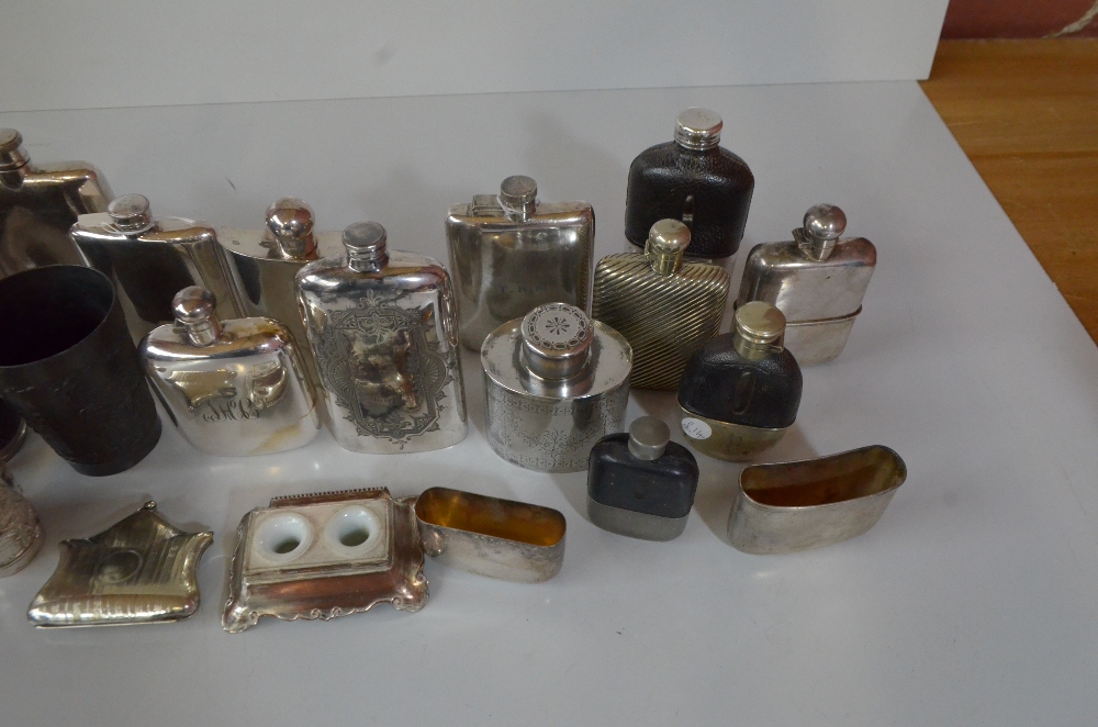 A group of silver plated items including numerous hip flasks and cups, some with monograms, tea - Image 2 of 4