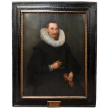 ATTRIBUTED TO CORNELIUS VAN DER VOORT; oil on panel, portrait of a gentleman wearing white lace ruff