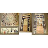 Four circa 1950 fabric wall hangings with Egyptian motifs and decoration, the largest 280 x 130cm.