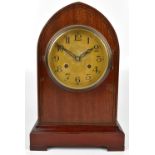 H Y MOSER & CO; an early 20th century lancet top mahogany cased mantel clock, the tin plate dial set