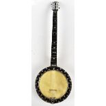 JOSEPH RILEY & SONS; an ebonised banjo with mother of pearl inlaid decoration, in carrying case,