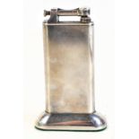 DUNHILL; a polished chrome table lighter with hinged upper bar and weighted base, height 11cm.