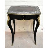 An Edwardian ebonised side table with inlaid pewter detail of cherubs, flowers and scrolling detail,