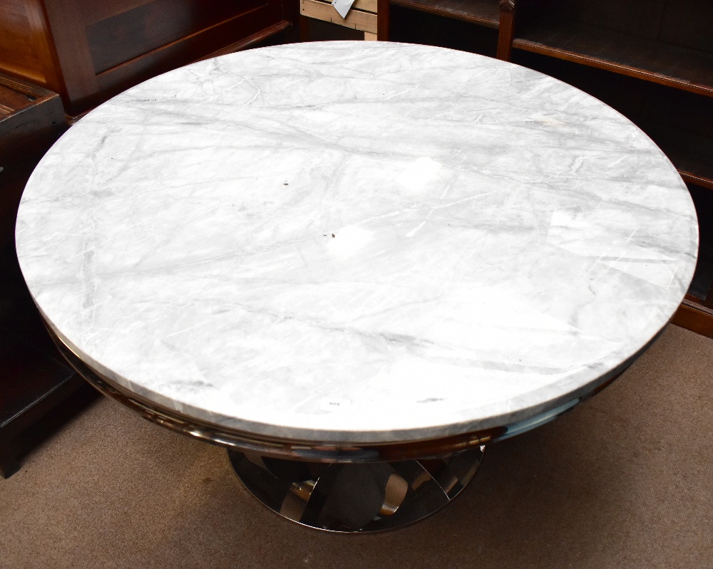 A contemporary circular centre table with simulated marble top on chromed base, diameter 130cm.