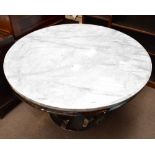 A contemporary circular centre table with simulated marble top on chromed base, diameter 130cm.