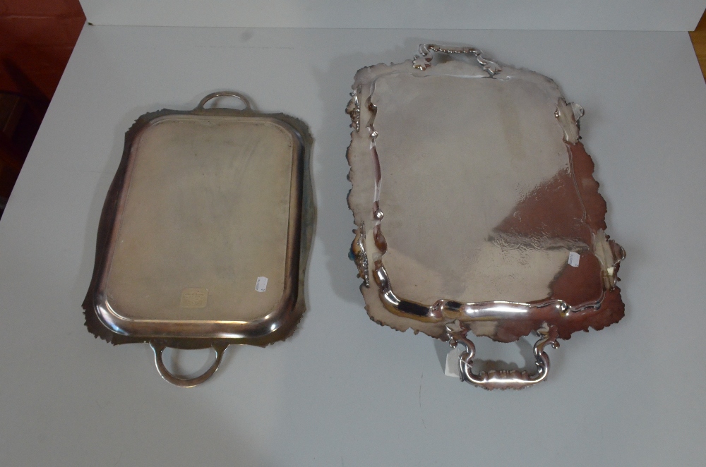 CHARLES HOWARD COLLINS; a silver plated twin handled tray with cast foliate scroll rim and - Image 4 of 5